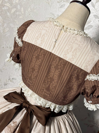 Teddy and Sweet Brown Lolita Print Ruffle Round Dress Neck Kitty OP