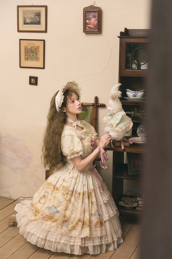 Sweet Light Print Jumper Beige Skirt Farm Sunflowers and Lolita Ducks