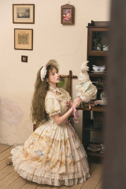 Sweet Light Print Jumper Beige Skirt Farm Sunflowers and Lolita Ducks