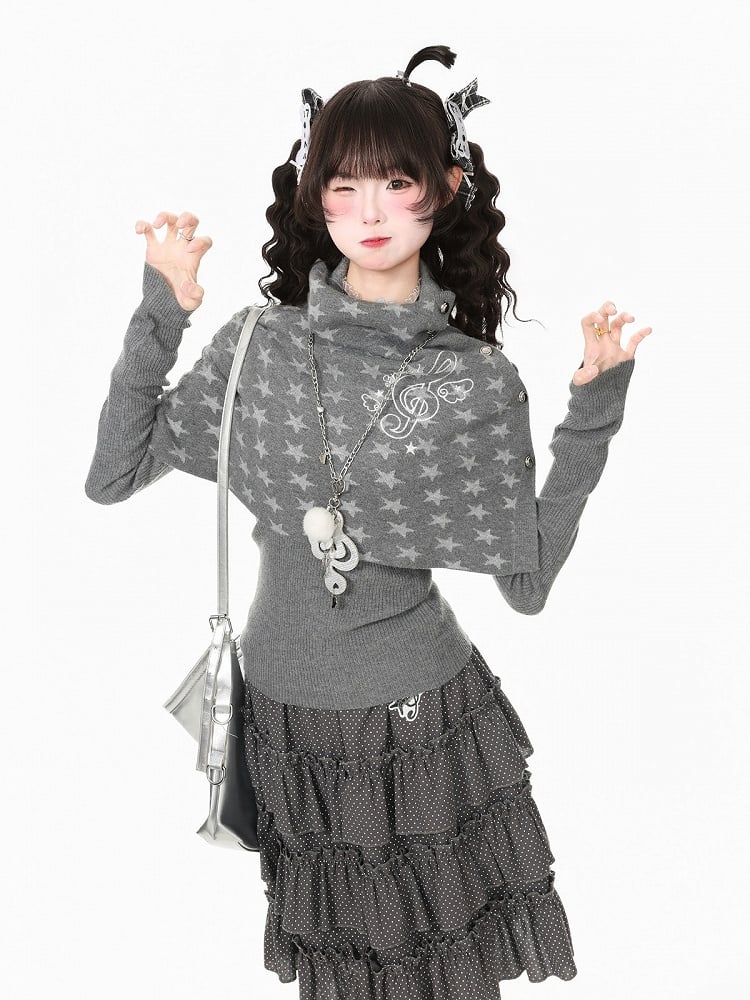 Gray Kawaii Fall Two Piece Cape Music Note Star Pattern Top - Languid Park