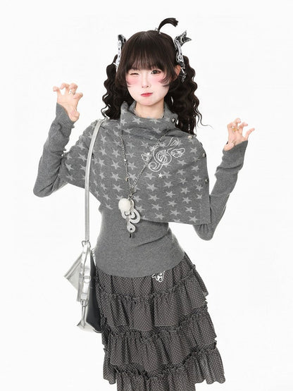 Gray Kawaii Fall Two Piece Cape Music Note Star Pattern Top - Languid Park