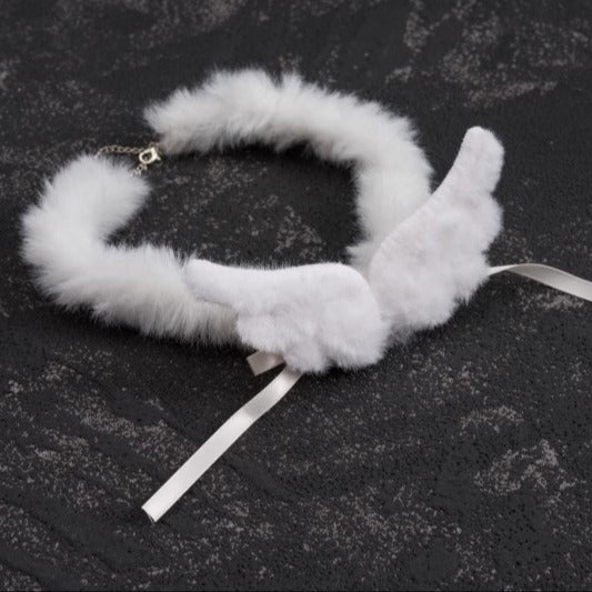 White Angel Wing Bow Plush Choker