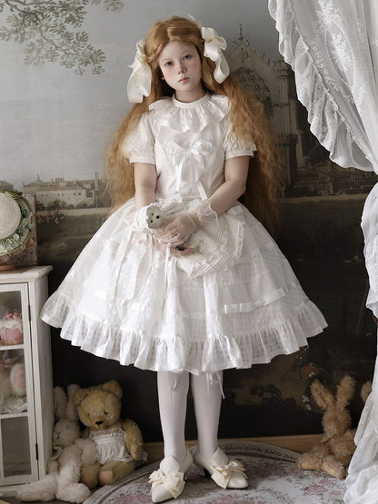 Ivory Checkered Puff Sleeve Lolita One-Piece Dress