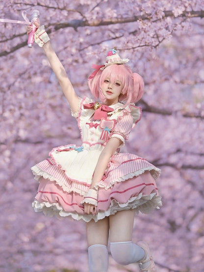Strawberry Theme Sweet Lolita OP with Apron, Sakura Pink Striped Pattern - Sakurahime