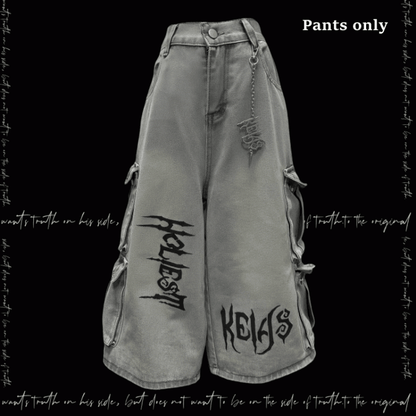 ジーンズフリーライトブルーパンクロックワイドレッグカーゴチャーム付き