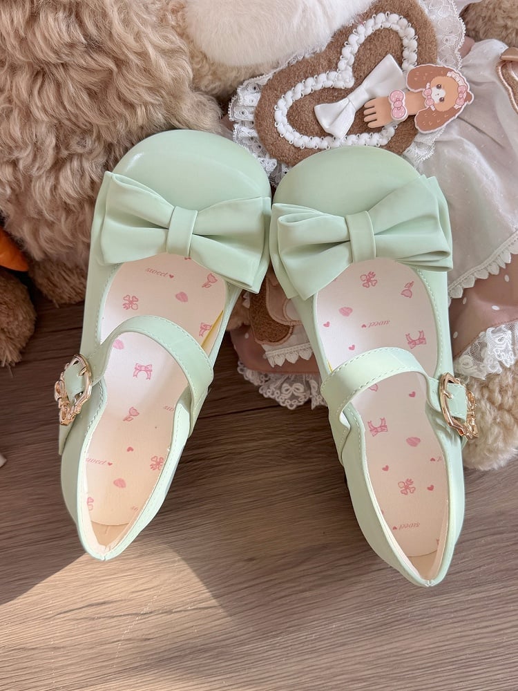 3 Colors Lolita Low Heels Round Toe Shoes with Bow and Metal Buckle Details - Moon Baby Diary