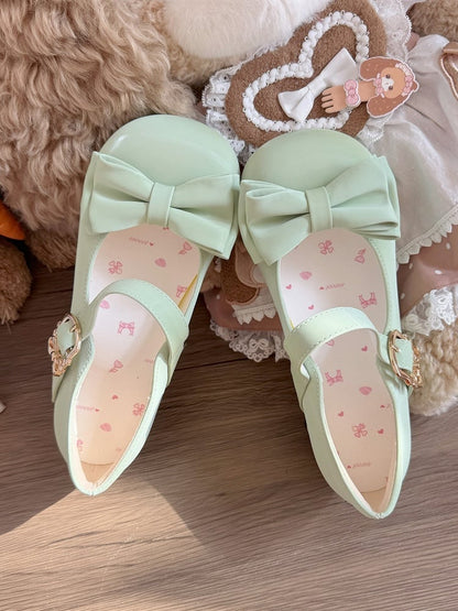 3 Colors Lolita Low Heels Round Toe Shoes with Bow and Metal Buckle Details - Moon Baby Diary