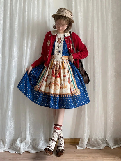 Short Dark Blue Musical Print Peter Pan Collar OP Dress with Tassels - Crucis Universal Tailor Company