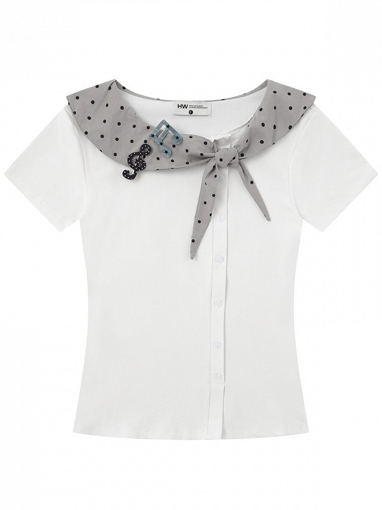 White Polka Dot Music Note Tie-Neck Top - Languid Park