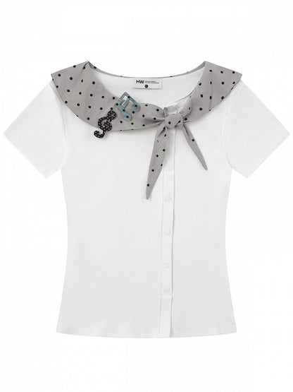 White Polka Dot Music Note Tie-Neck Top - Languid Park