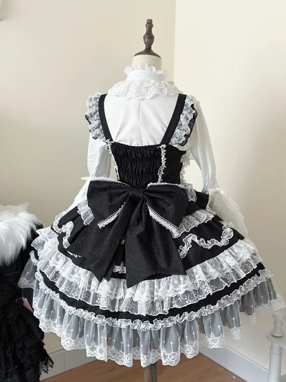 Verziertes Kleid, Pullover, schwarzer Rock, Besätze, Lolita, weiße Schleifen, Hanayome-Spitze