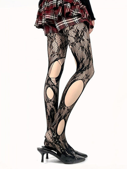 Black Cutout Rosette Lace Gothic Tights - White Socks