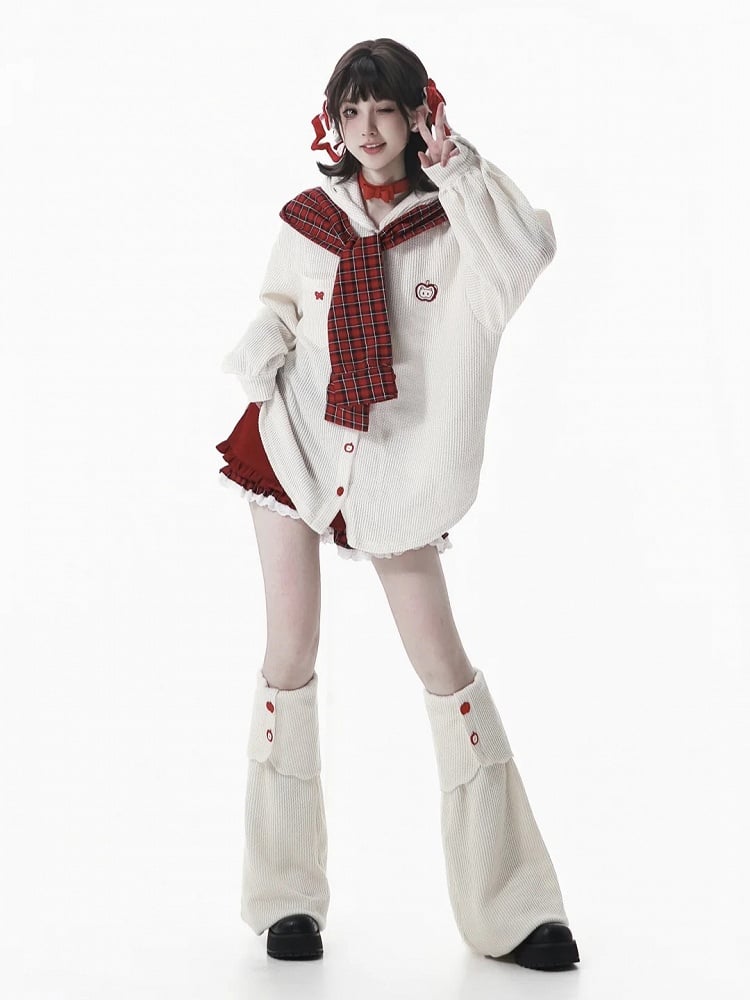 Hood White Knit Red Plaid with Scarf Regular/Thicken Hoodie Detachable