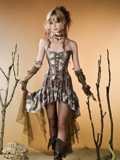 High-low Snakeskin Brown Pattern Skirt Wasteland Punk Design Tiered