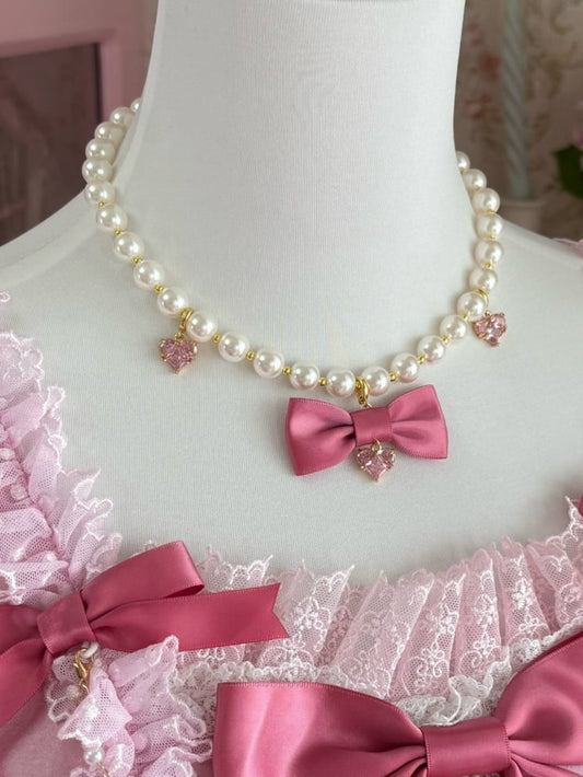 Red Heart Pink/Wine Beaded Neckalce Pendant Bowknot And