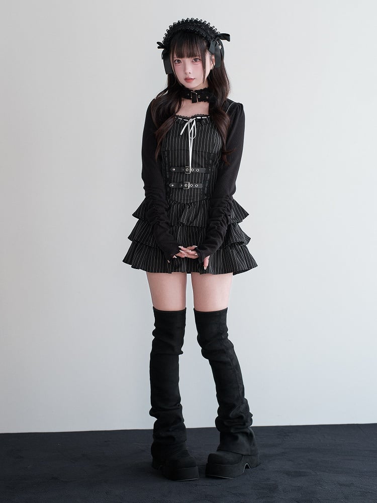 Jirai Black Dress Ruffled Suspender Multi-Layer Kei Striped