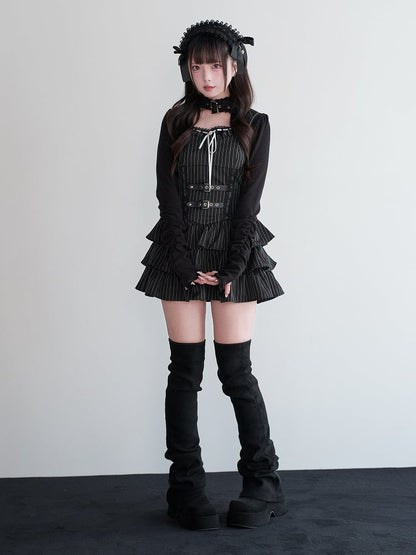 Jirai Black Dress Ruffled Suspender Multi-Layer Kei Striped