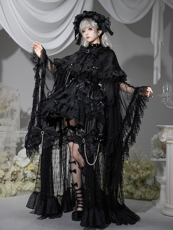 Black Bow Fabric Lolita Ruffled Cape - signorina