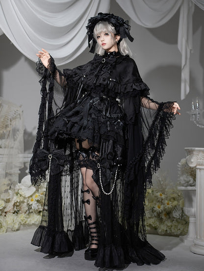 Black Bow Fabric Lolita Ruffled Cape - signorina