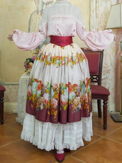 Pink Blouse Wine Red Crystal Tassel Floral Skirt Set