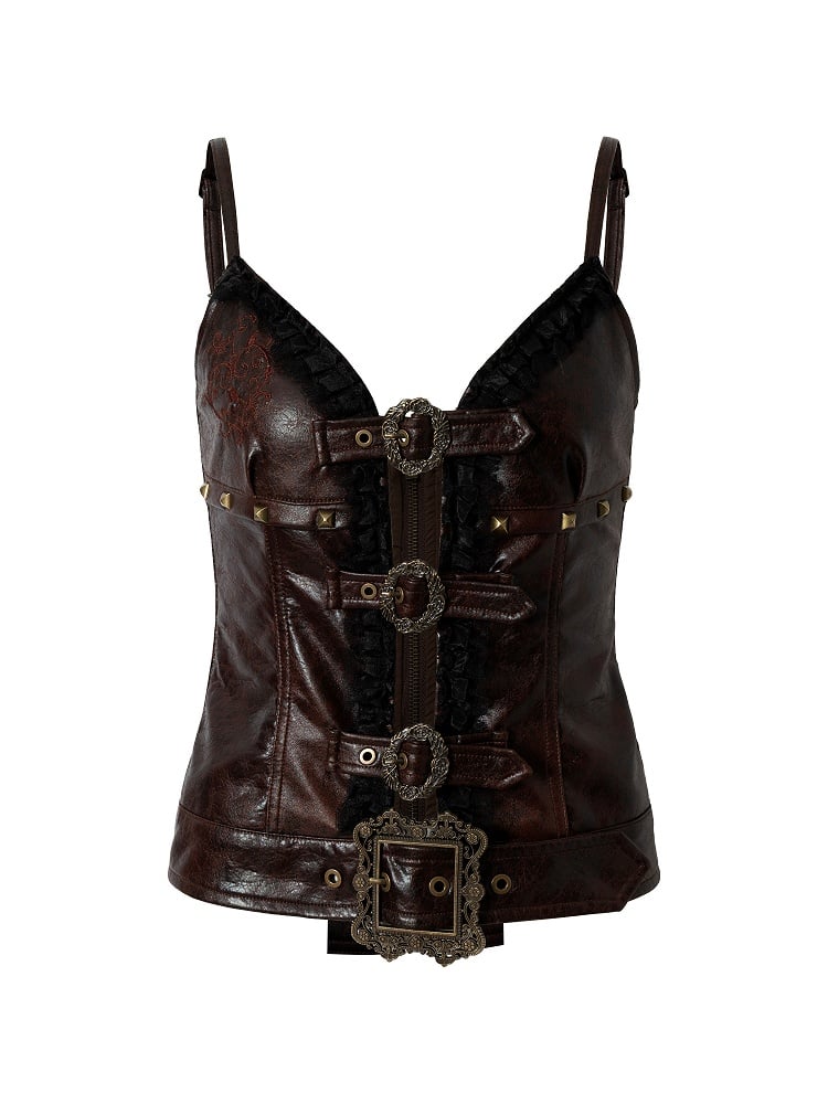 Adjustable Cami Straps with Red Shoulder Lace Ruffle Punk Trim Dark Rock Top