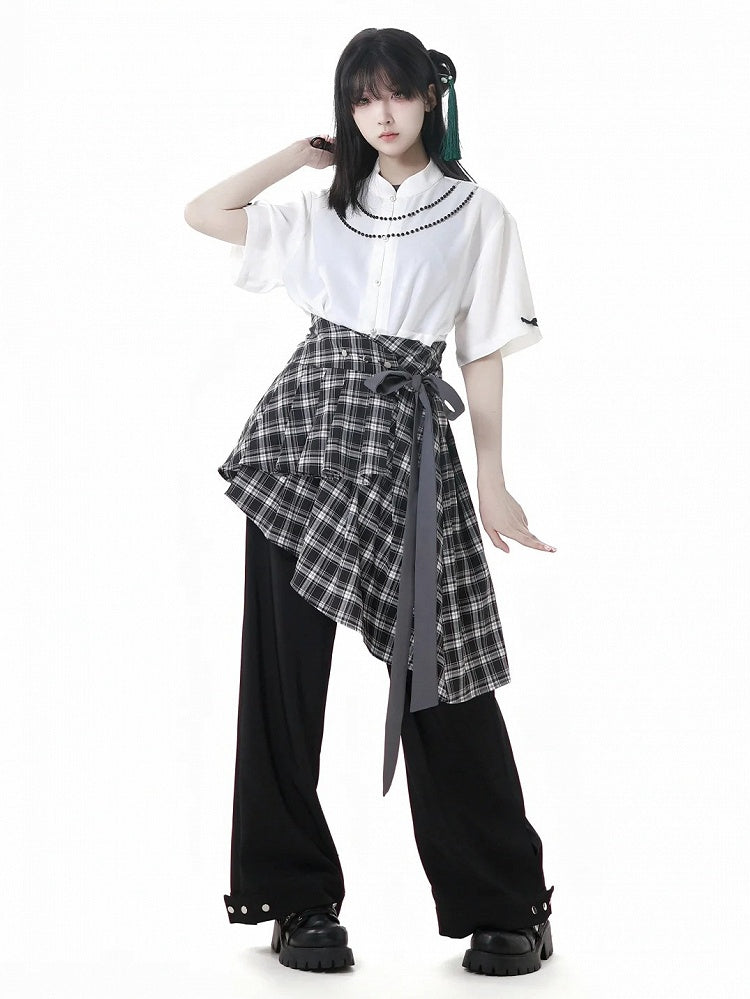 Plaid Skirt with Self-Tie Strap Black and White Asymmetrical Flounce Hem