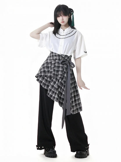Plaid Skirt with Self-Tie Strap Black and White Asymmetrical Flounce Hem