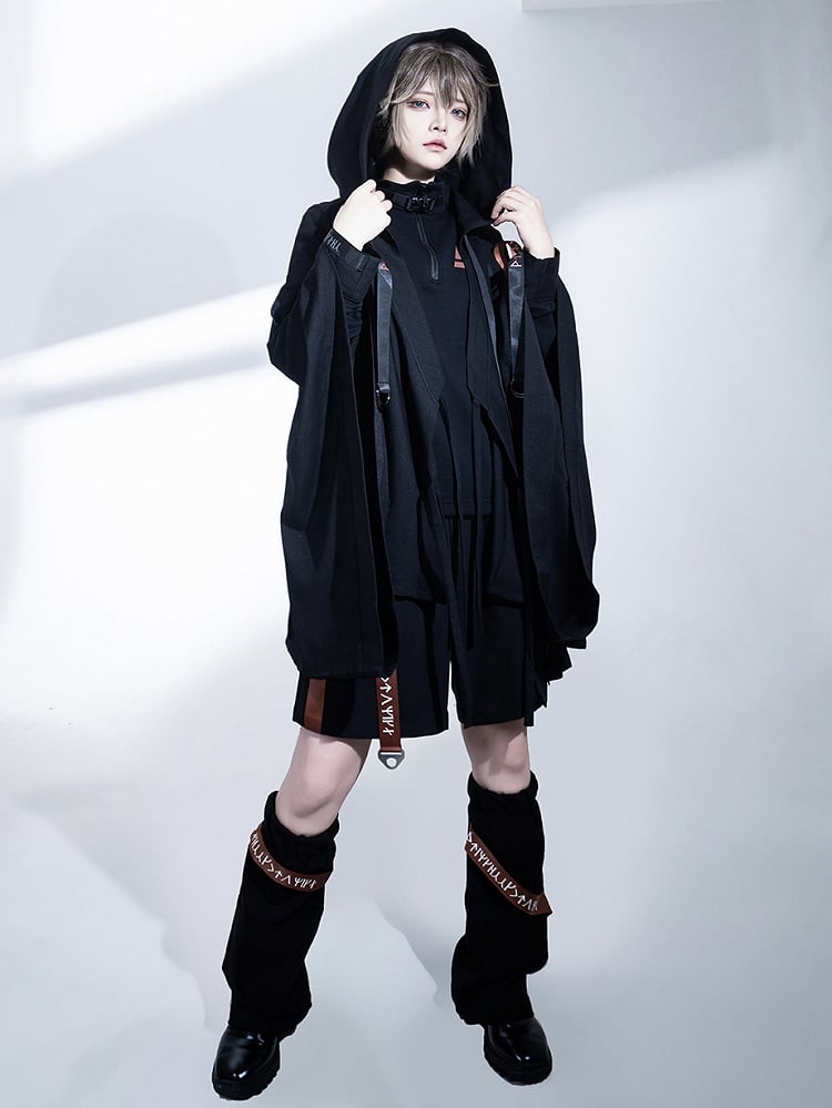 バックルフード付きロリータテックウェア王子ストラップジャケット ブラック