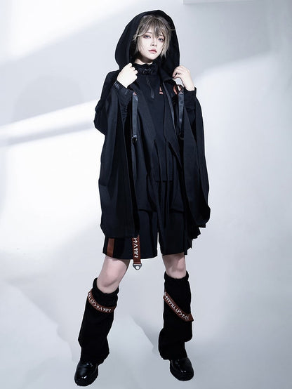 バックルフード付きロリータテックウェア王子ストラップジャケット ブラック