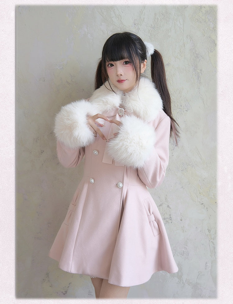 Rosa Mantel Abnehmbare Jirai Kei Große Schleife Flauschigen Kragen und Manschetten Breasted mit Strass Doppel