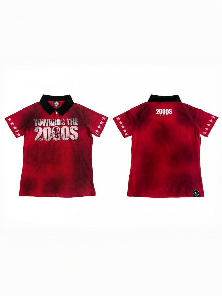 Red Letter Print Polo Shirt with Short Sleeves - DETW OnLine
