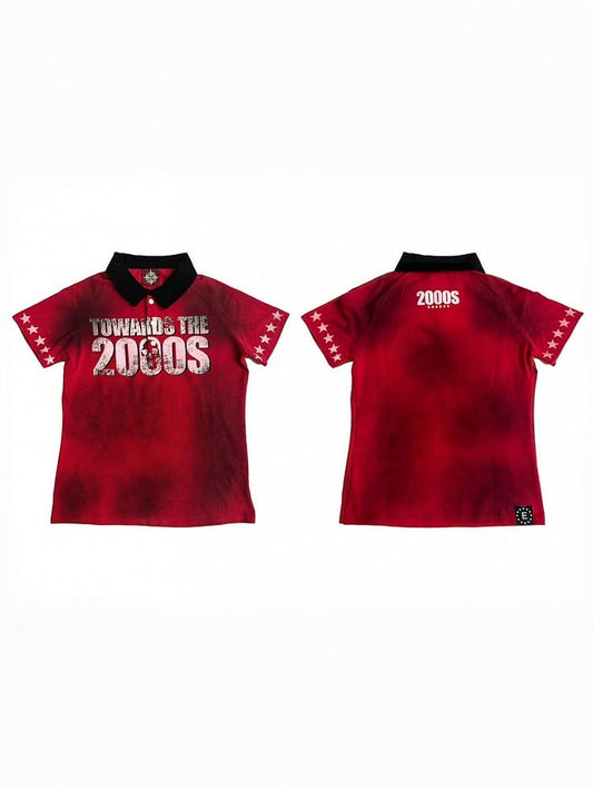 Red Letter Print Polo Shirt with Short Sleeves - DETW OnLine
