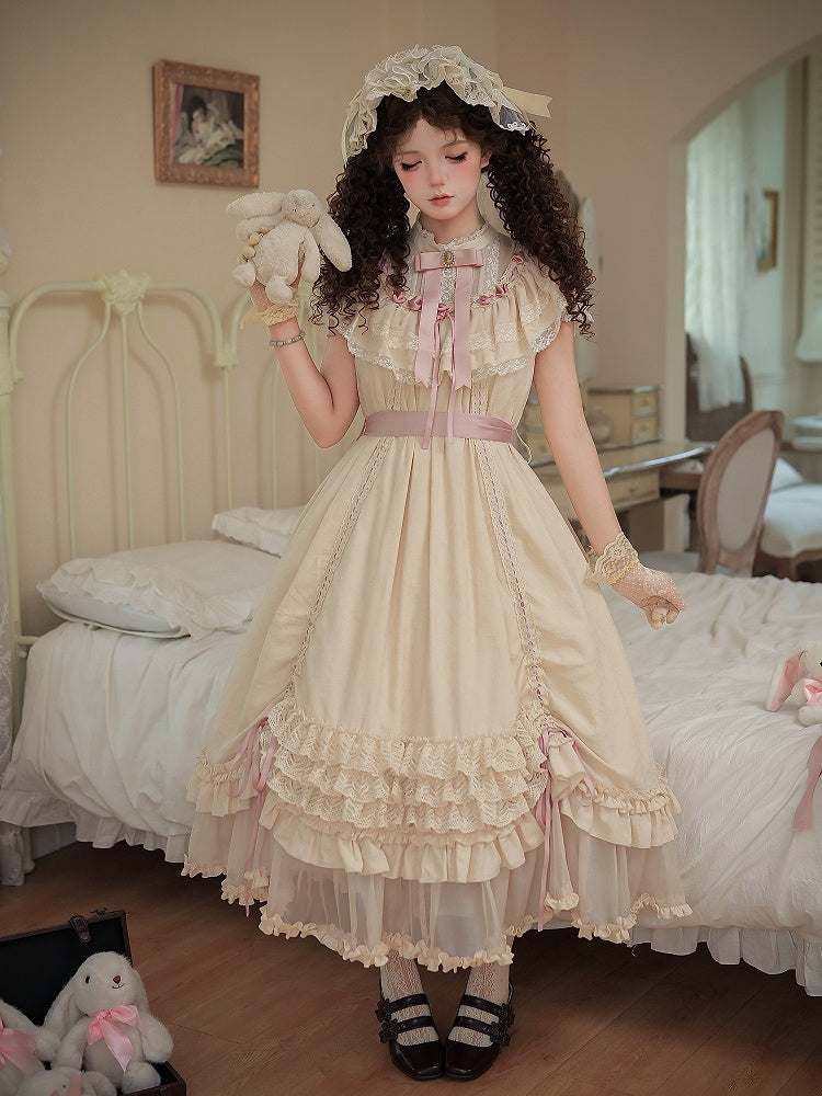 Beige Rosette Jacquard OP Dress with Ruffles - With PUJI