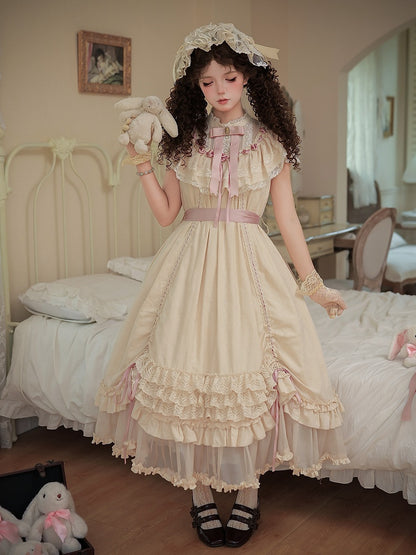Beige Rosette Jacquard OP Dress with Ruffles - With PUJI
