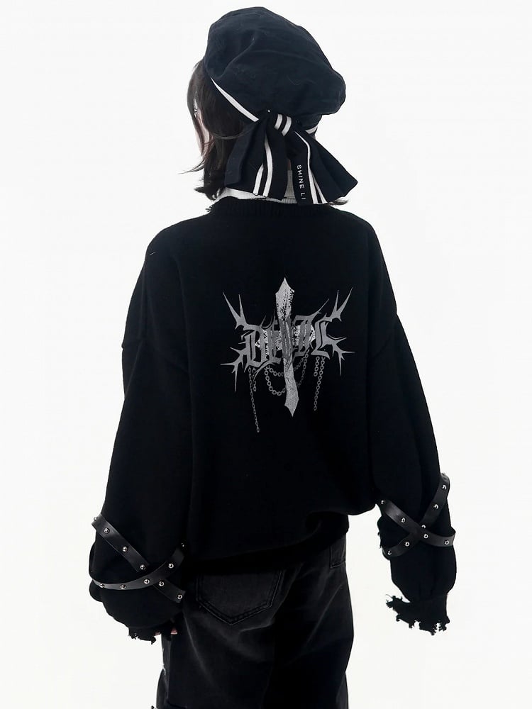 Black Cross Detachable Sleeves Cardigan Knit Criss-cross with