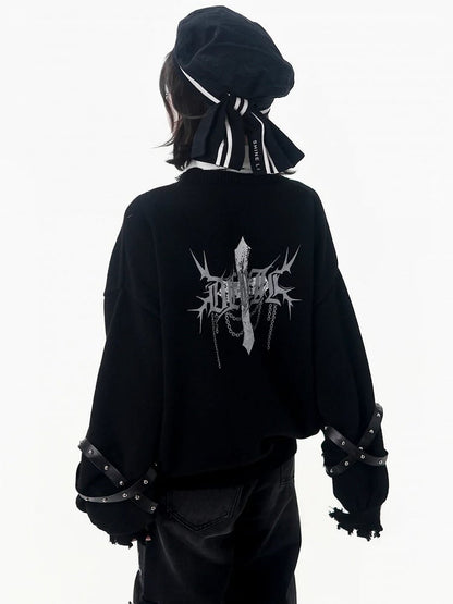 Black Cross Detachable Sleeves Cardigan Knit Criss-cross with