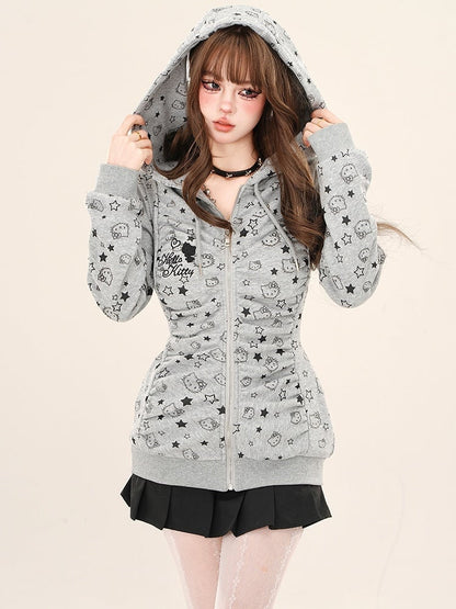 Grau/Apricot – Kitty – Kapuzenjacke mit durchgehendem Rüschendesign und Reißverschluss