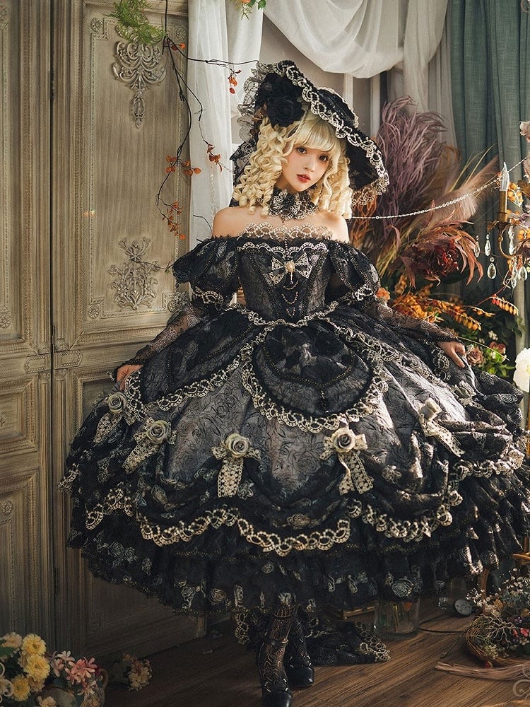 Gray Layered Lace Hanayome Details with Bow Ruffles Lolita Version Gown and Off-Shoulder Hime Black Short