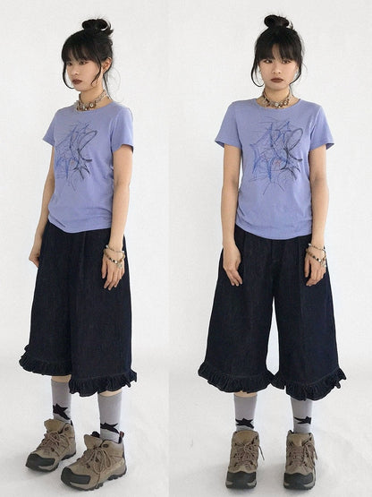 T-Shirt Short Y2K Print Round Version Sleeve Purple with - Graffiti Neck