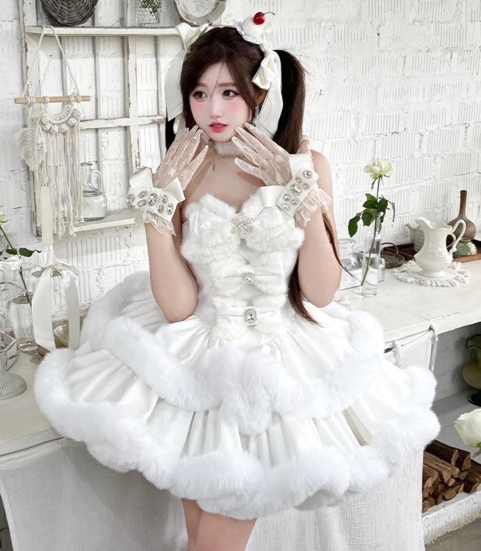 White Snowflake Bow-Adorned Bodice Winter Plush Strapless Dress - Diamond Honey