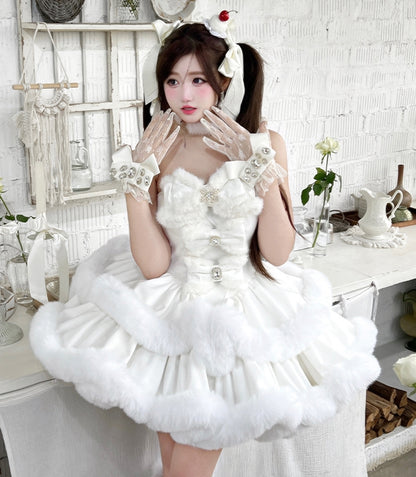 White Snowflake Bow-Adorned Bodice Winter Plush Strapless Dress - Diamond Honey