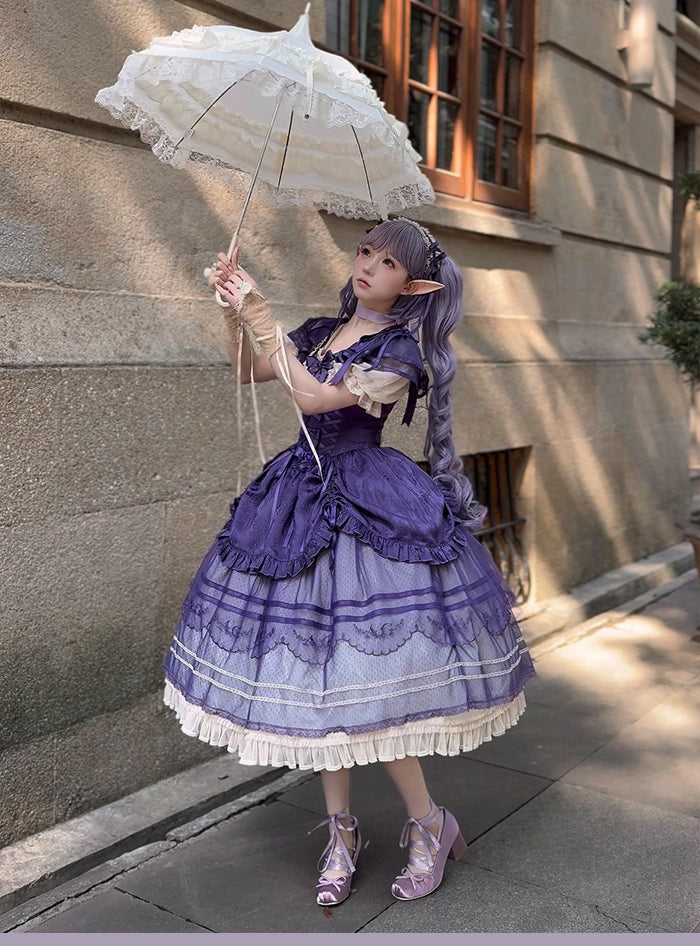 パープルのボーン入りバスクウエスト、エレガントなアンダーバスト、クラシックなロリータジャンパースカート