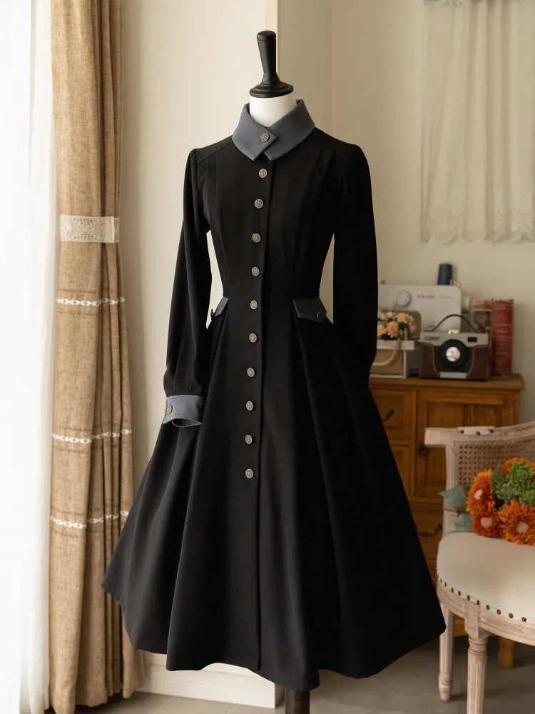Black Design Fashion Placket Retro Buttons Dress Elegant Cape Detachable Front Bronze-tone