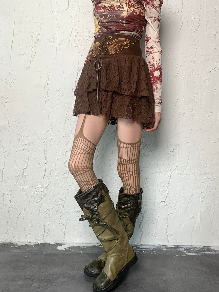 Design Hollow-out Wasteland Suspender Brown/Black/Gray/White/Red Stockings Punk