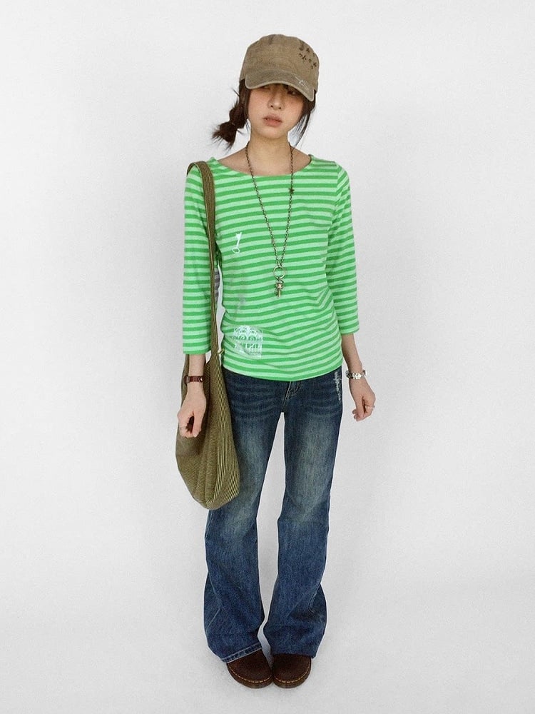 Green Striped Wide Round Neck Long Sleeve T-shirt with Key and Iron Gate Print - innomoood