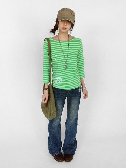 Green Striped Wide Round Neck Long Sleeve T-shirt with Key and Iron Gate Print - innomoood