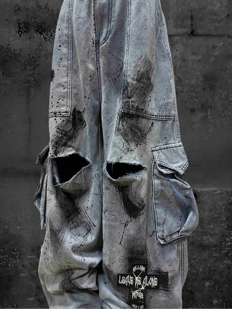 Graffiti Print Applique Cross Blue and Jeans Cargo Wide-Leg with Distressed
