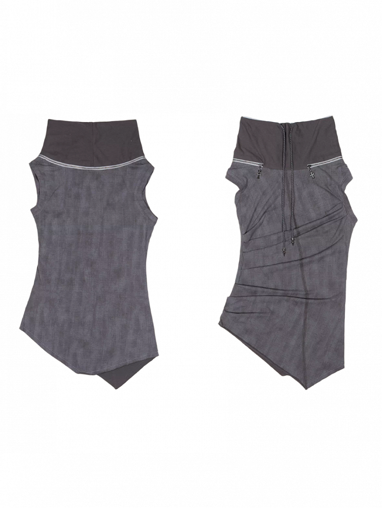 Cross Zipper Drawstring Gray Vest Asymmetrical Punk Neckline Charms with Dark