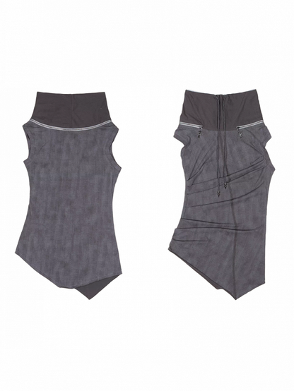 Cross Zipper Drawstring Gray Vest Asymmetrical Punk Neckline Charms with Dark