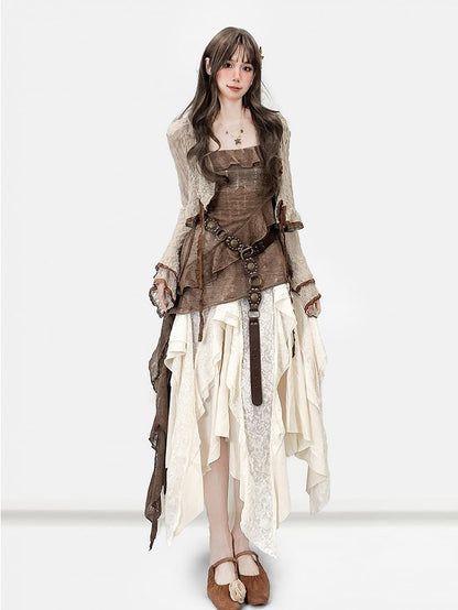 Glockenärmel Saum Weiß Millard Braun + Cardigan Fashion Kleid Asymmetrischer Cami Rock